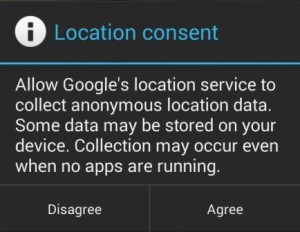 The second of two "Location Consent" screens in Android KitKat