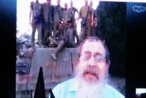 Rabbi Dovid Eliezrie skyping in to speak at the Rally for Israel