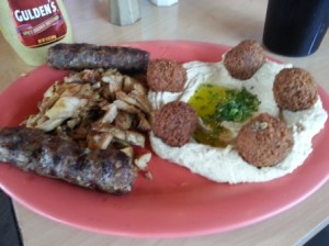 Beef kabob with hummus and falafel