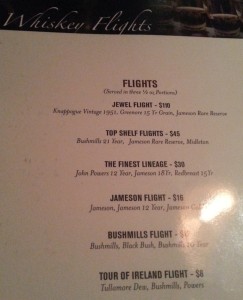 List of Flights of Irish Whiskey at Rí Rá Irish Pub