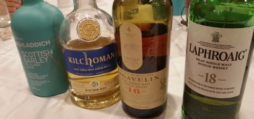 Bottles of Islay Scotch whiskies we enjoyed